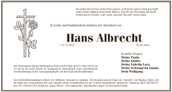 Traueranzeige von Hans Albrecht von Pegnitz-Zeitung